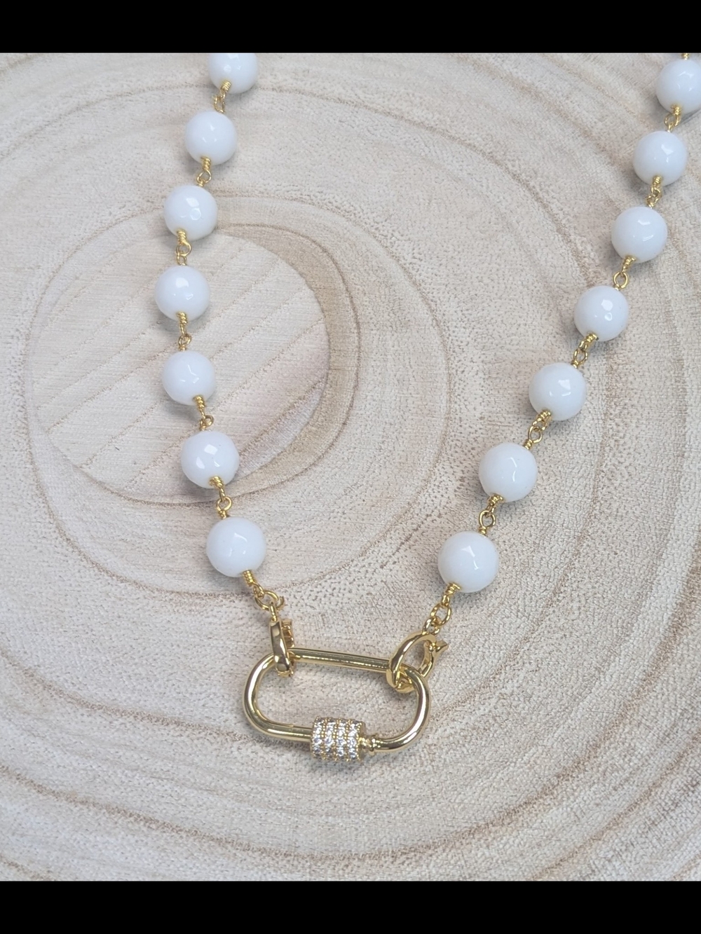 White Jade Faceted Necklace Gold Carabiner CZ Pave Layering Necklace - Picture 3 of 6